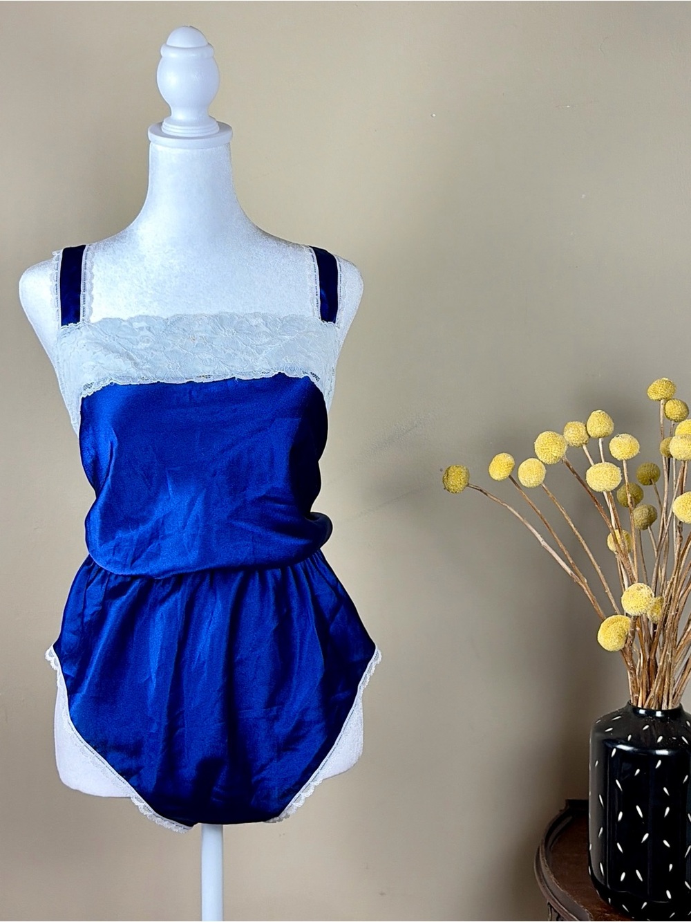 Vintage 80s Barbizon Size XL Satin Lace Teddy Royal Blue Romper French Cut